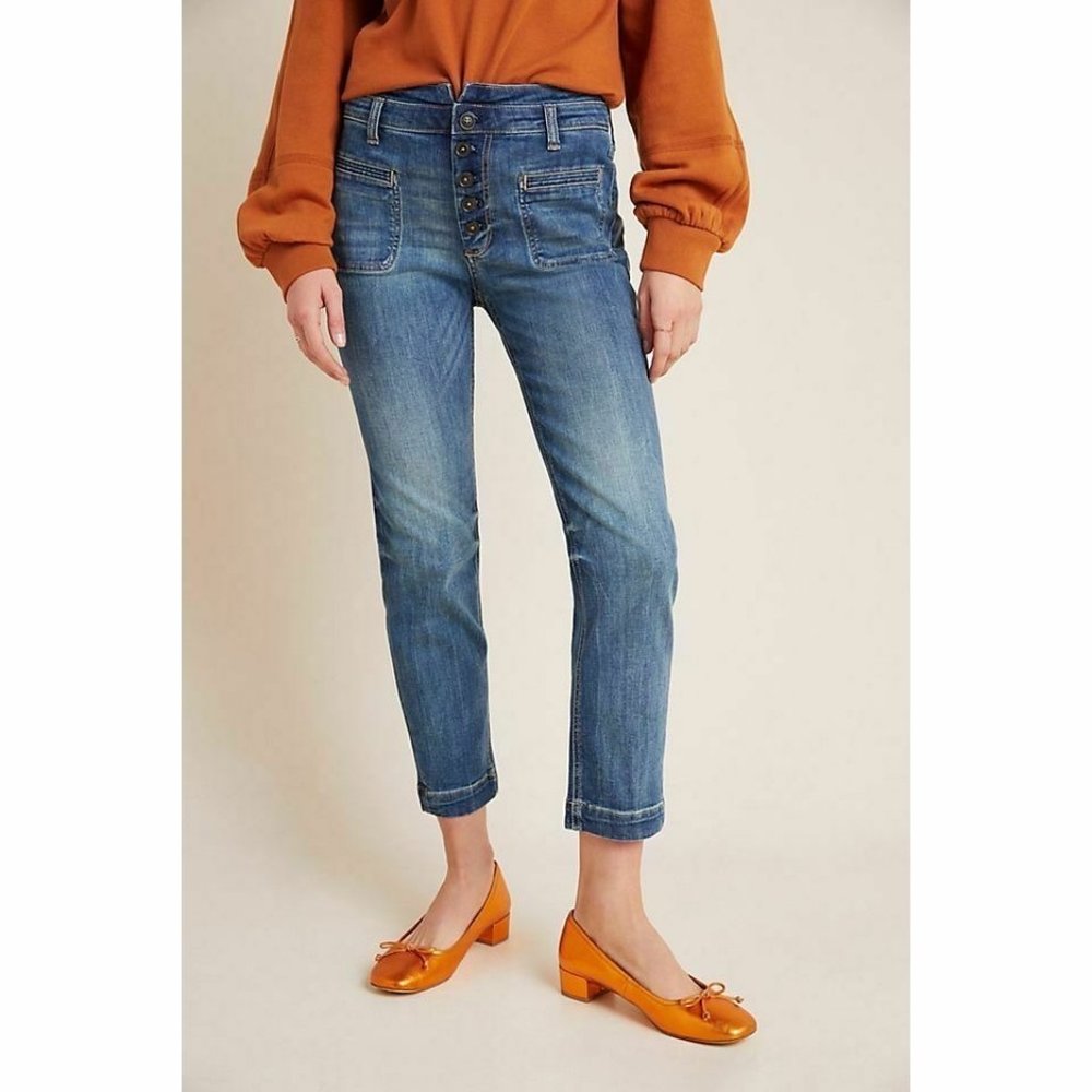 Anthropologie Midwash Button-Front Cropped Jeans
